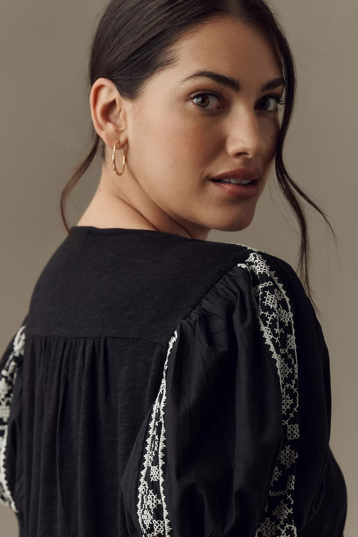 By Anthropologie Puff-Sleeve Embroidered Blouse Top