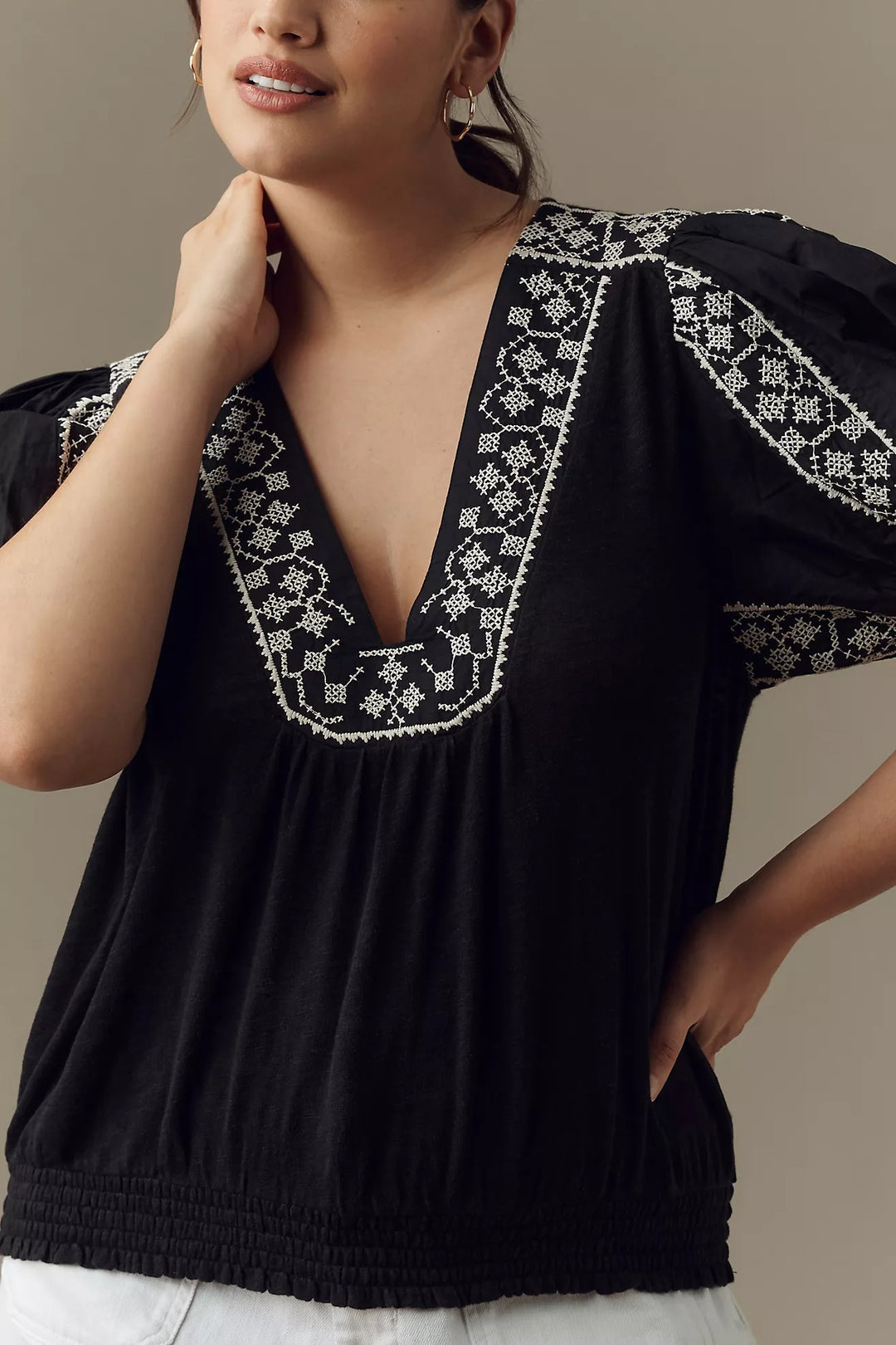 By Anthropologie Puff-Sleeve Embroidered Blouse Top