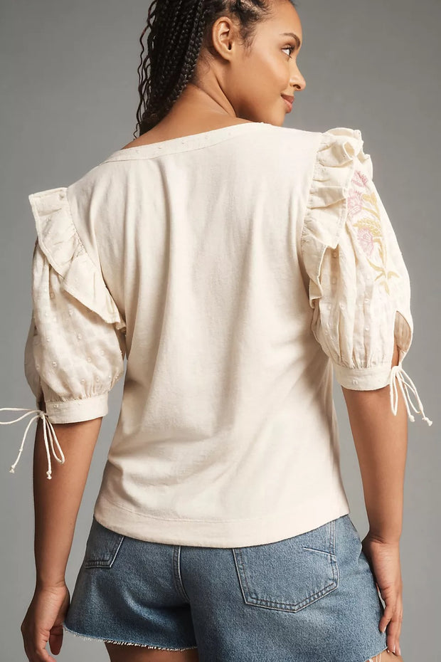 By Anthropologie Floral Embroidered Puff-Sleeve Blouse Top