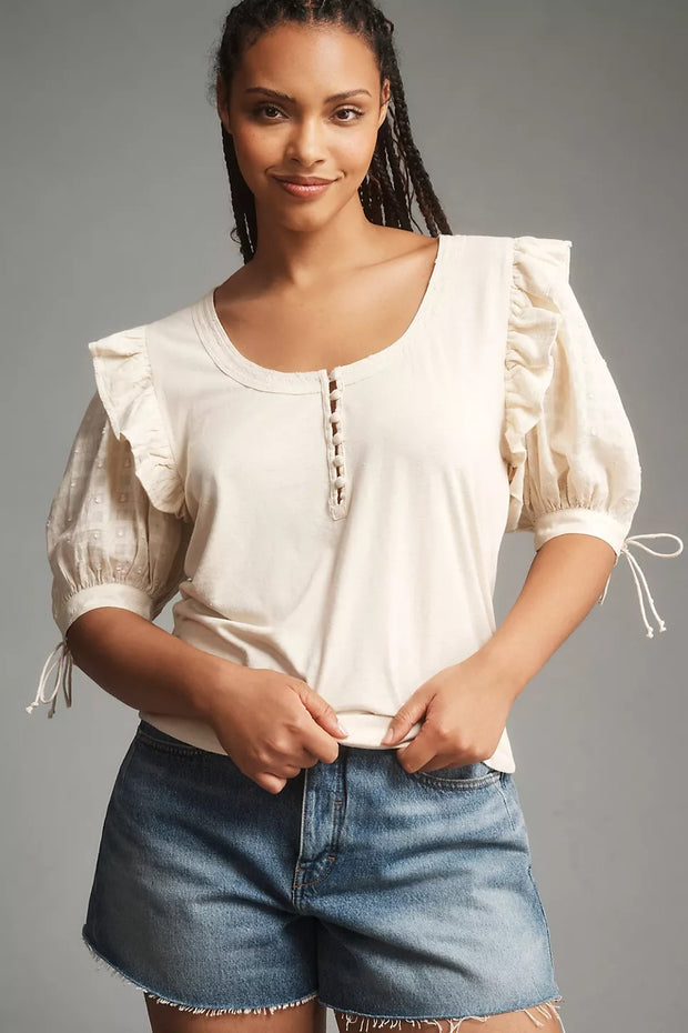 By Anthropologie Floral Embroidered Puff-Sleeve Blouse Top