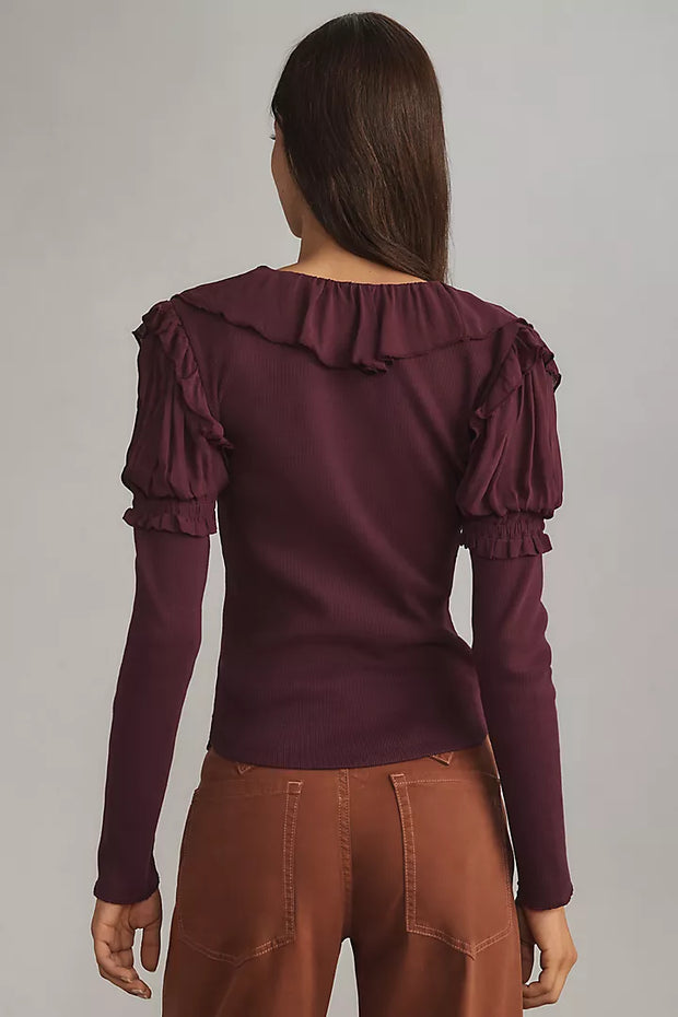 By Anthropologie Long-Sleeve Ruffle Blouse Top