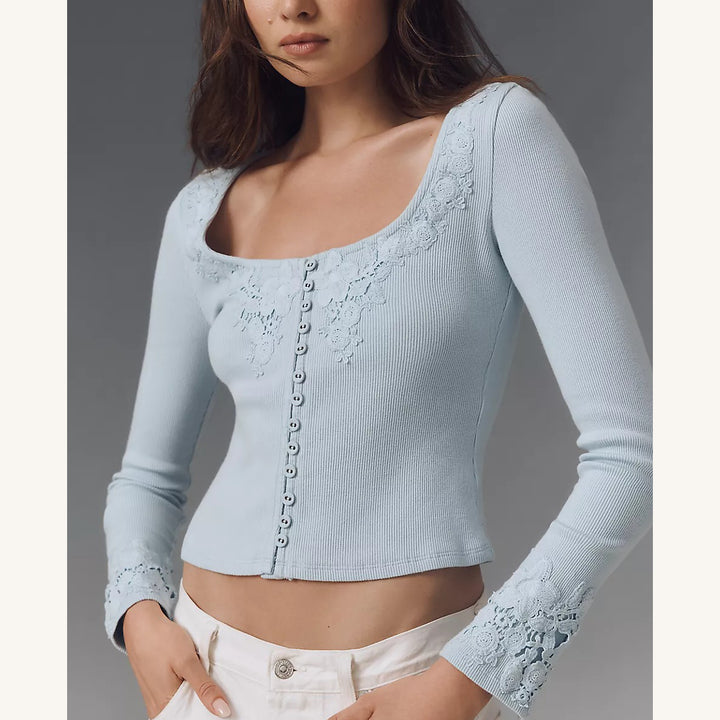 By Anthropologie Long-Sleeve Lace-Trim Blouse Top