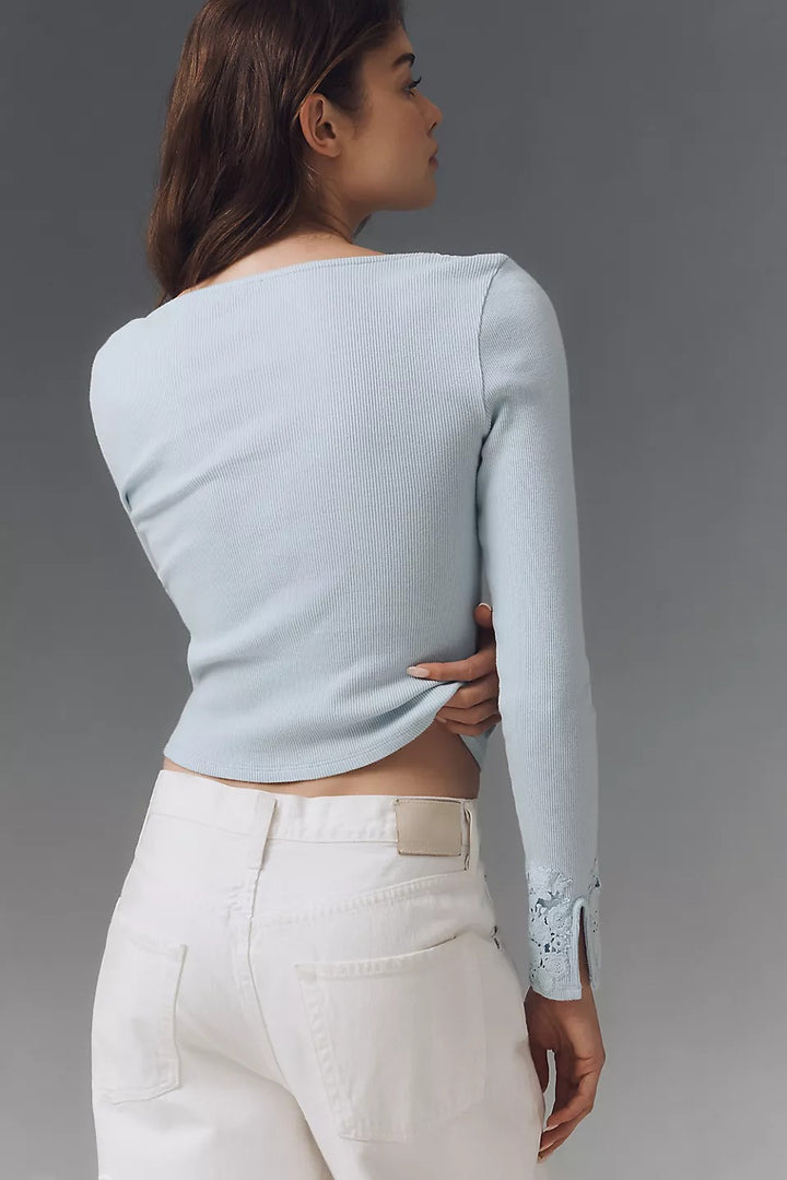 By Anthropologie Long-Sleeve Lace-Trim Blouse Top