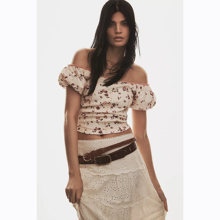 By Anthropologie Puff-Sleeve Off-The-Shoulder Corset Blouse Top