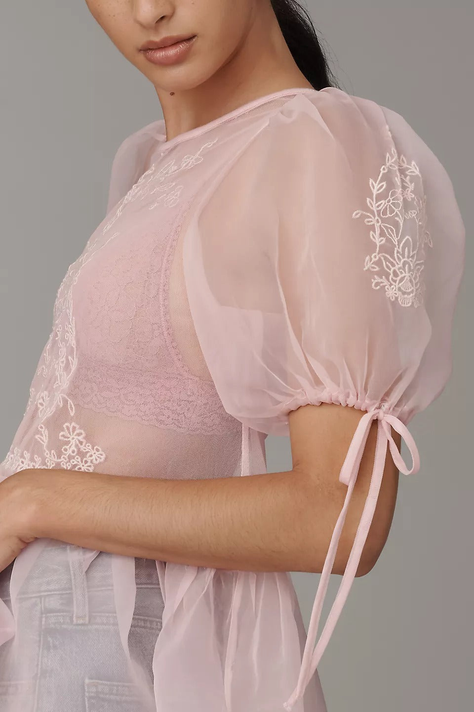 By Anthropologie Sheer Lace Peplum Blouse Top