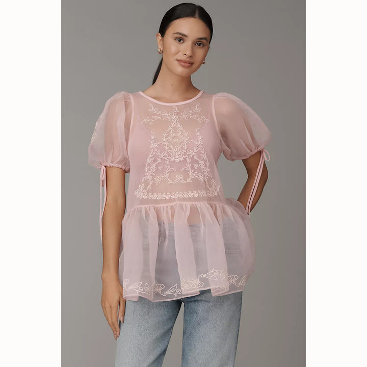 By Anthropologie Sheer Lace Peplum Blouse Top