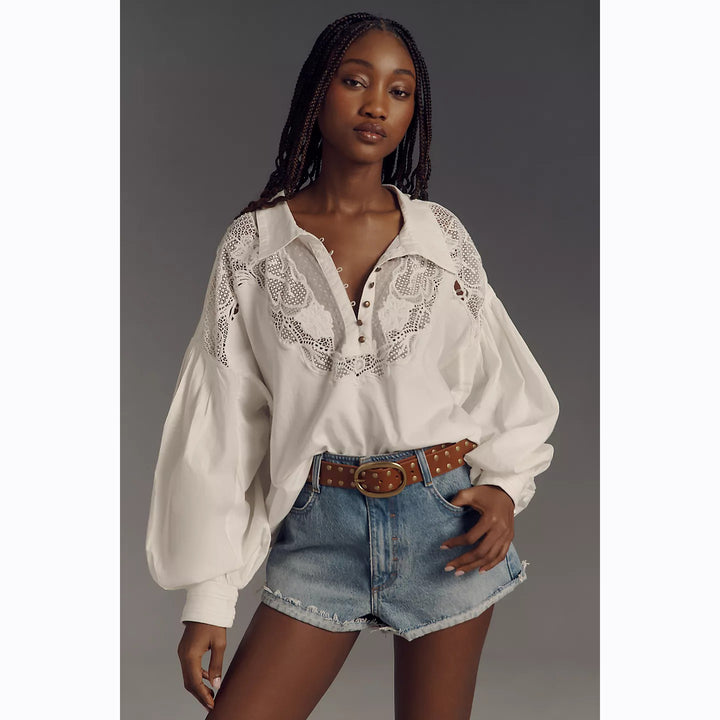 Maeve Anthropologie Puff-Sleeve Collared Yoke Blouse Top