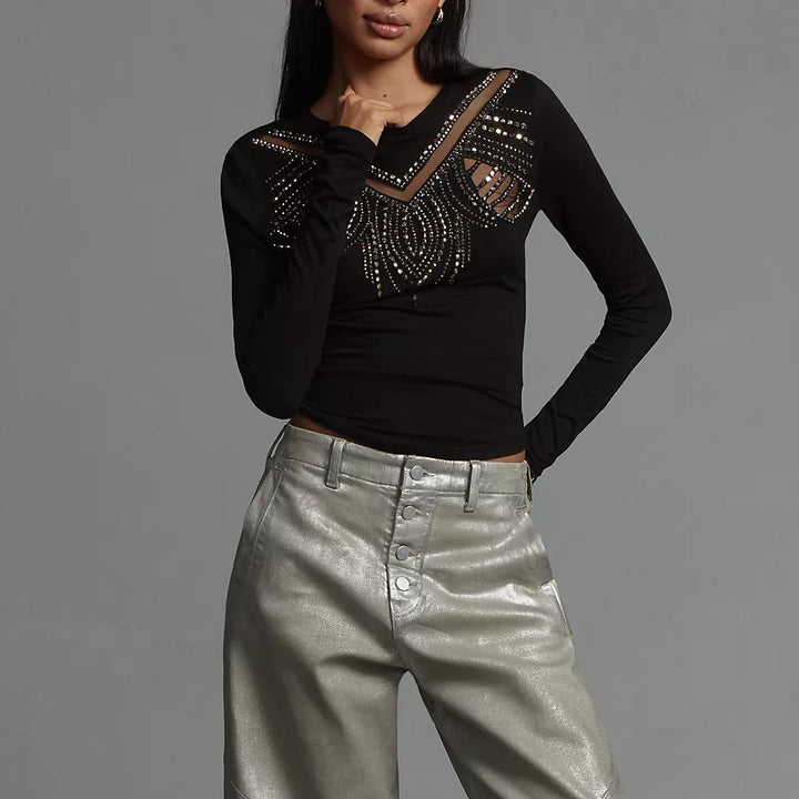 By Anthropologie Long-Sleeve Embellished Beaded Appliqué Blouse Top
