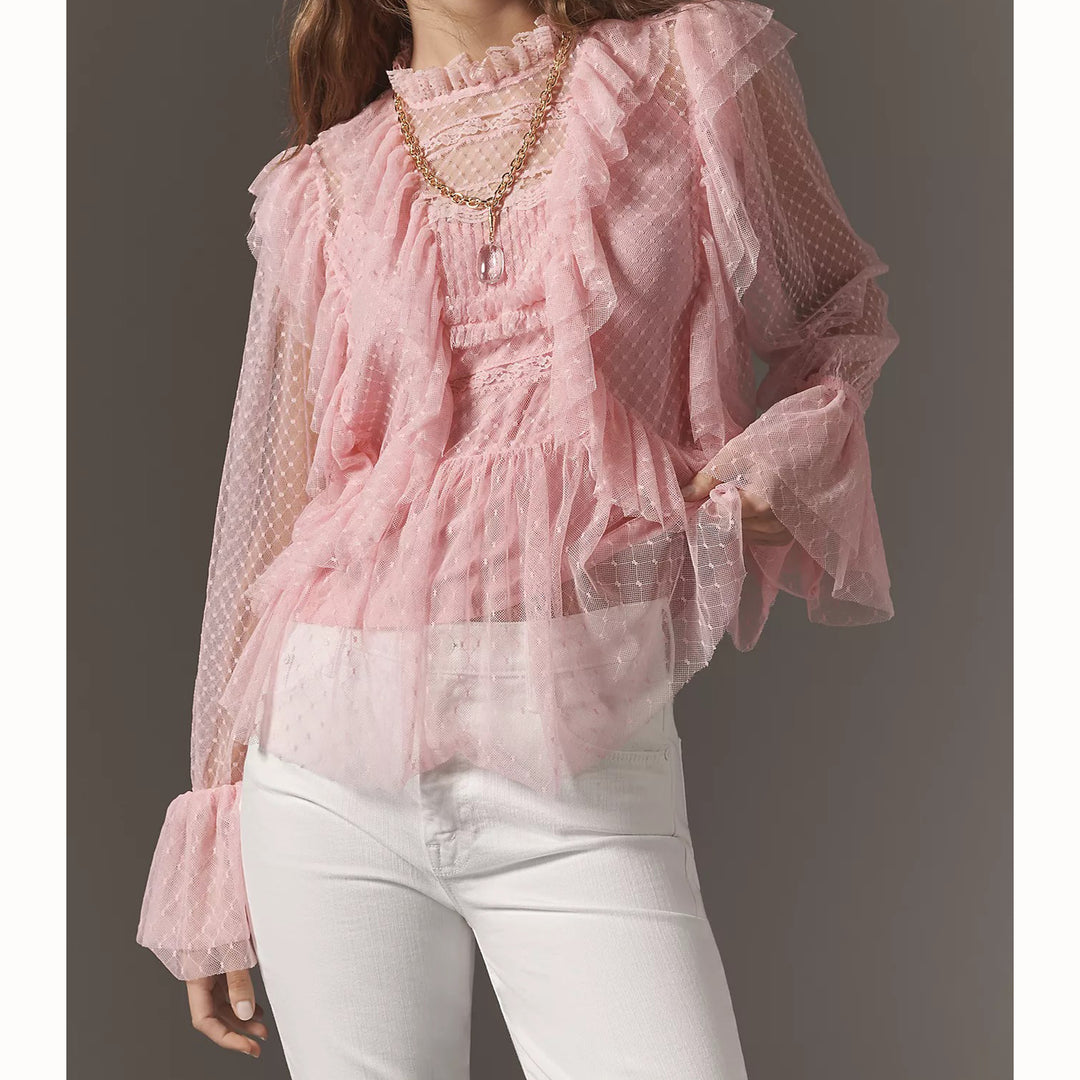 By Anthropologie Long-Sleeve Ruffle Sheer Blouse Top