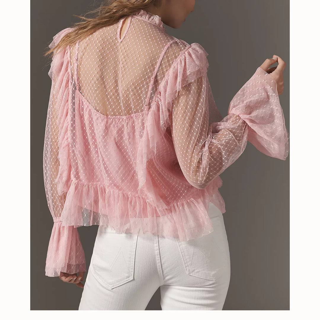 By Anthropologie Long-Sleeve Ruffle Sheer Blouse Top