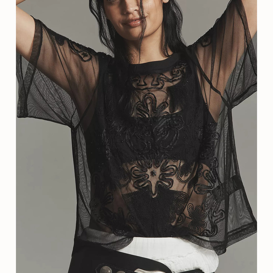 By Anthropologie Sheer Mesh Blouse Top
