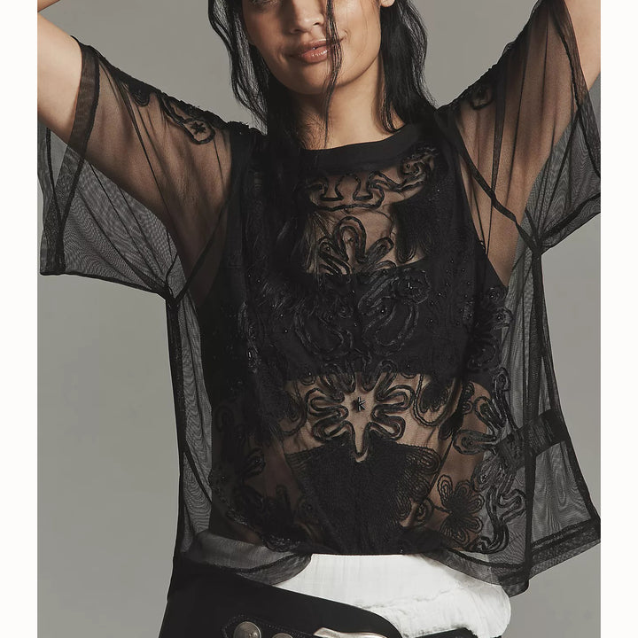 By Anthropologie Sheer Mesh Blouse Top