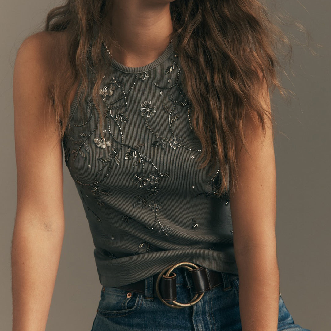 Anthropologie Pilcro Sequin Embellished Beaded  Halter Blouse Tank Top