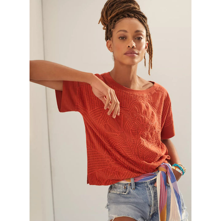 By Anthropologie Contrast Floral Embroidered Tee Blouse Top