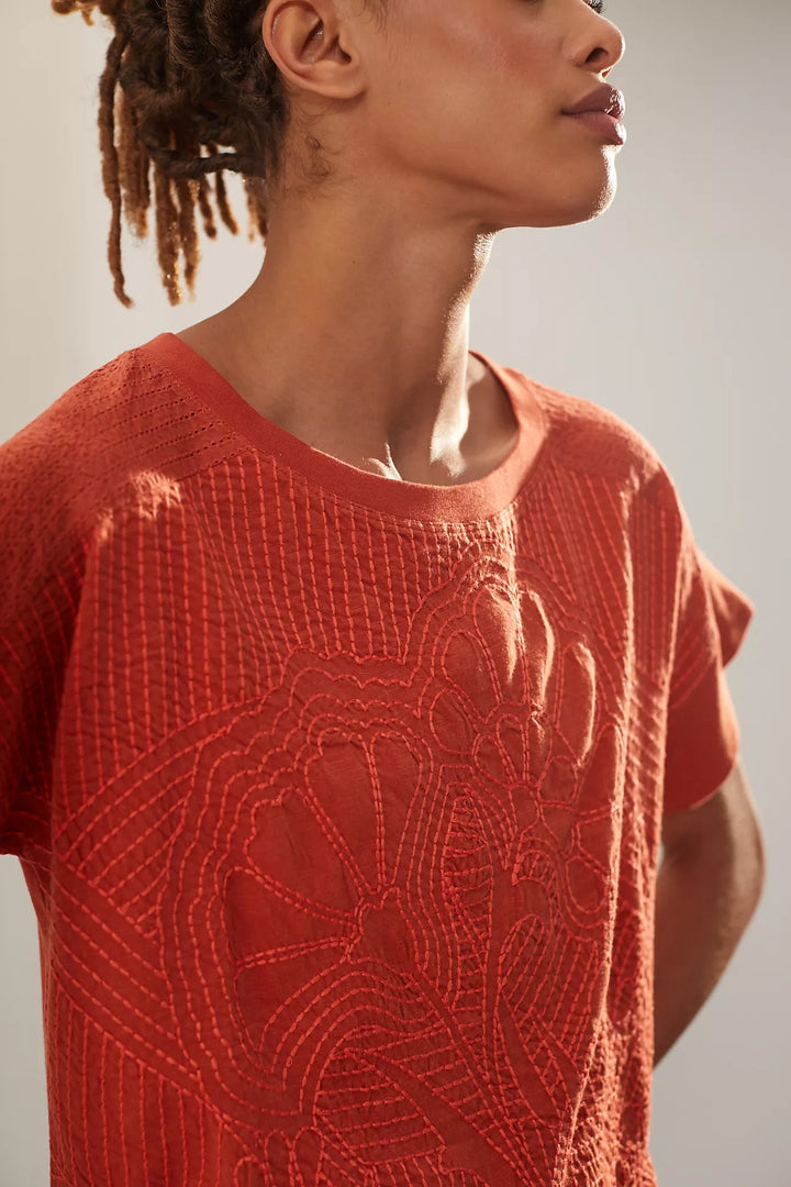By Anthropologie Contrast Floral Embroidered Tee Blouse Top