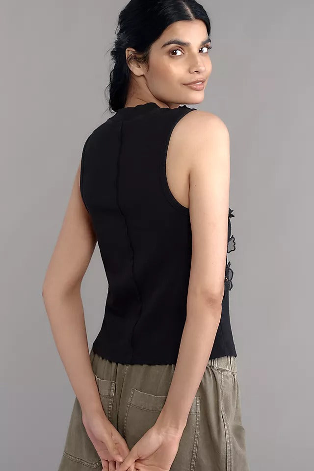 By Anthropologie Sleeveless 3D Floral Applique Blouse Top
