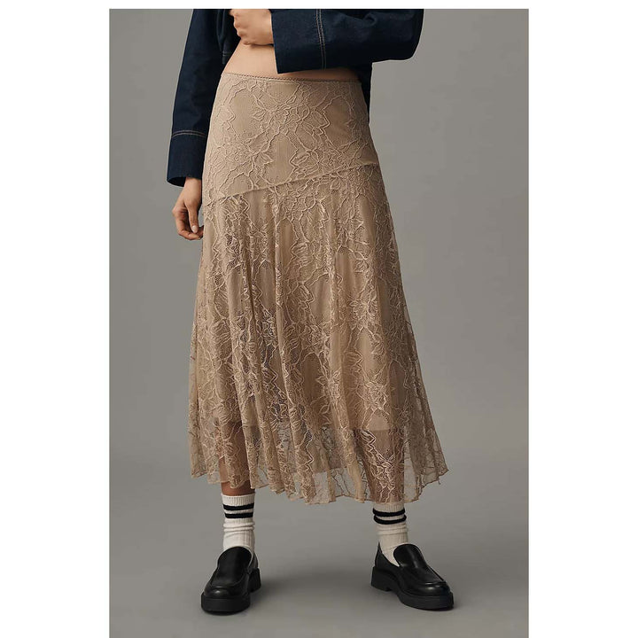 By Anthropologie Asymmetrical Drop-Waist Lace Midi Skirt