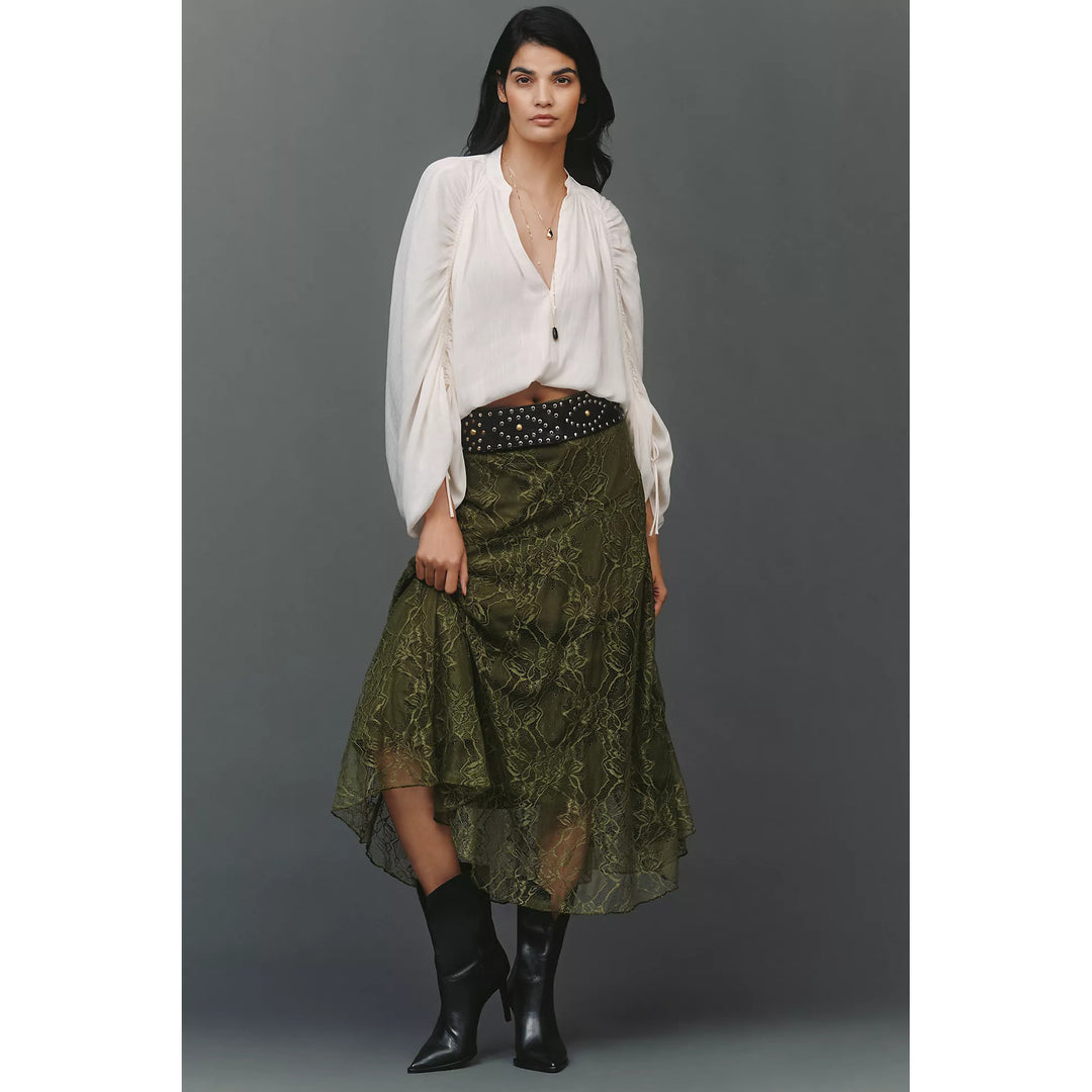 By Anthropologie Asymmetrical Drop-Waist Lace Midi Skirt