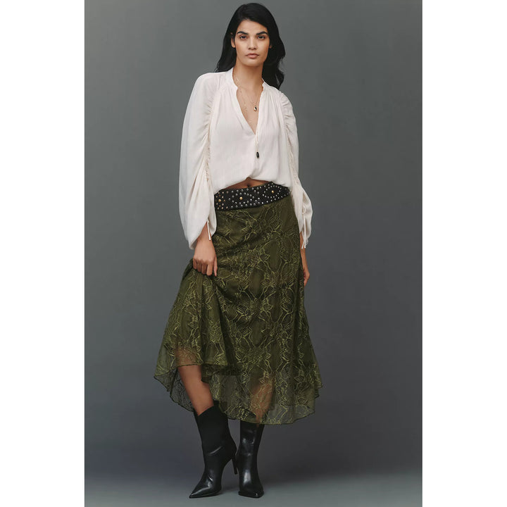 By Anthropologie Asymmetrical Drop-Waist Lace Midi Skirt