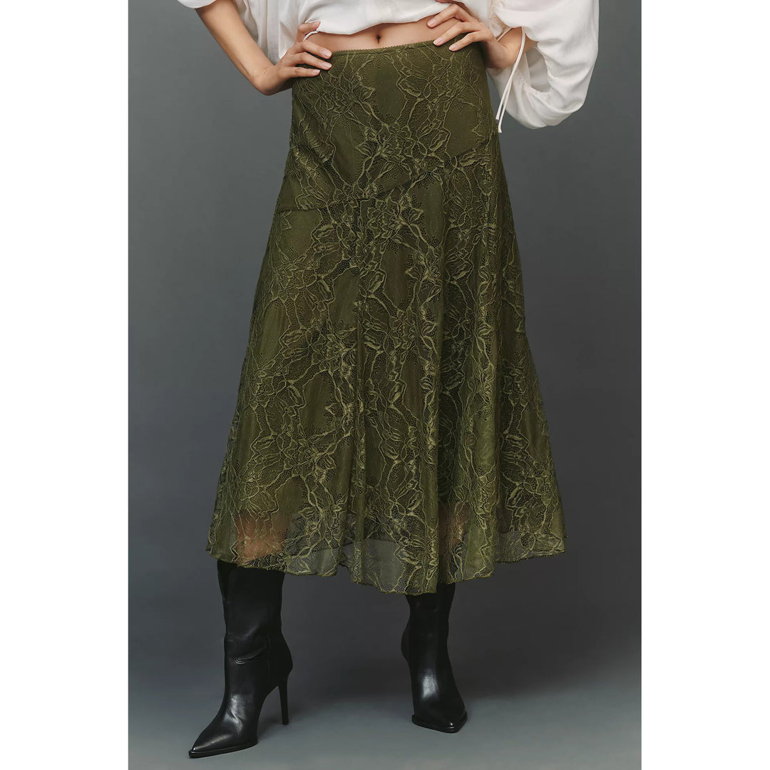 By Anthropologie Asymmetrical Drop-Waist Lace Midi Skirt