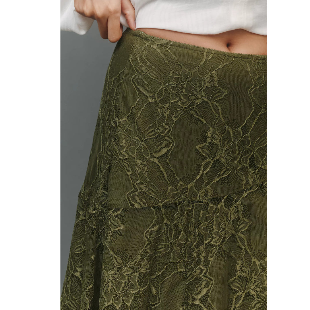 By Anthropologie Asymmetrical Drop-Waist Lace Midi Skirt