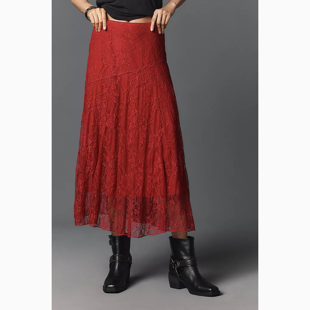 By Anthropologie Asymmetrical Drop-Waist Lace Midi Skirt