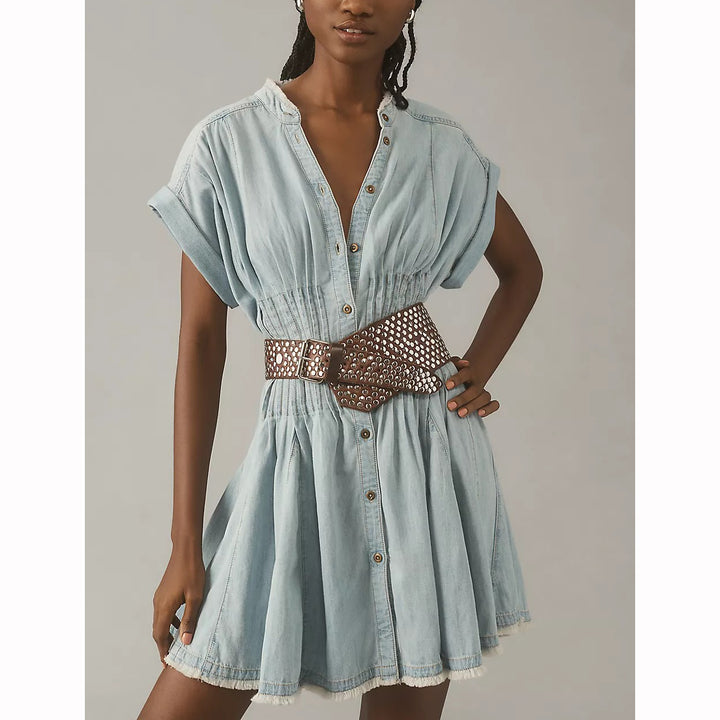 Anthropologie Pilcro Denim Light Shirred-Waist Buttondown Mini Dress