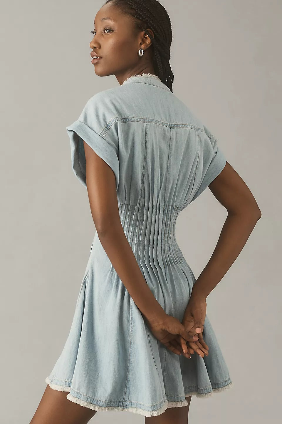 Anthropologie Pilcro Denim Light Shirred-Waist Buttondown Mini Dress