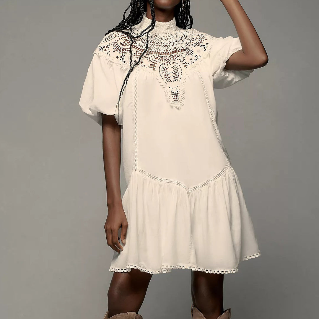 By Anthropologie High-Neck Lace Tunic Mini Dress
