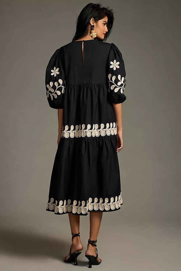 By Anthropologie Embroidered Puff-Sleeve Midi Dress