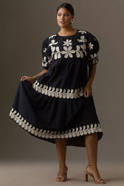 By Anthropologie Embroidered Puff-Sleeve Midi Dress