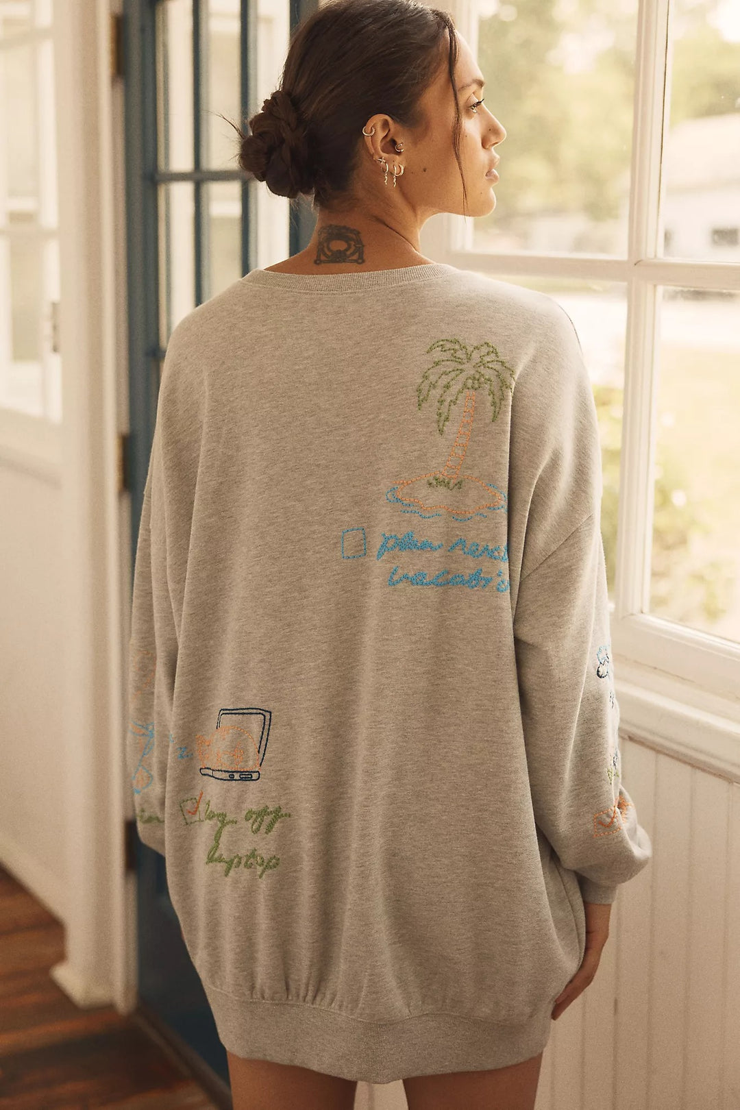 By Anthropologie Embroidered Crew-Neck Sweatshirt Top