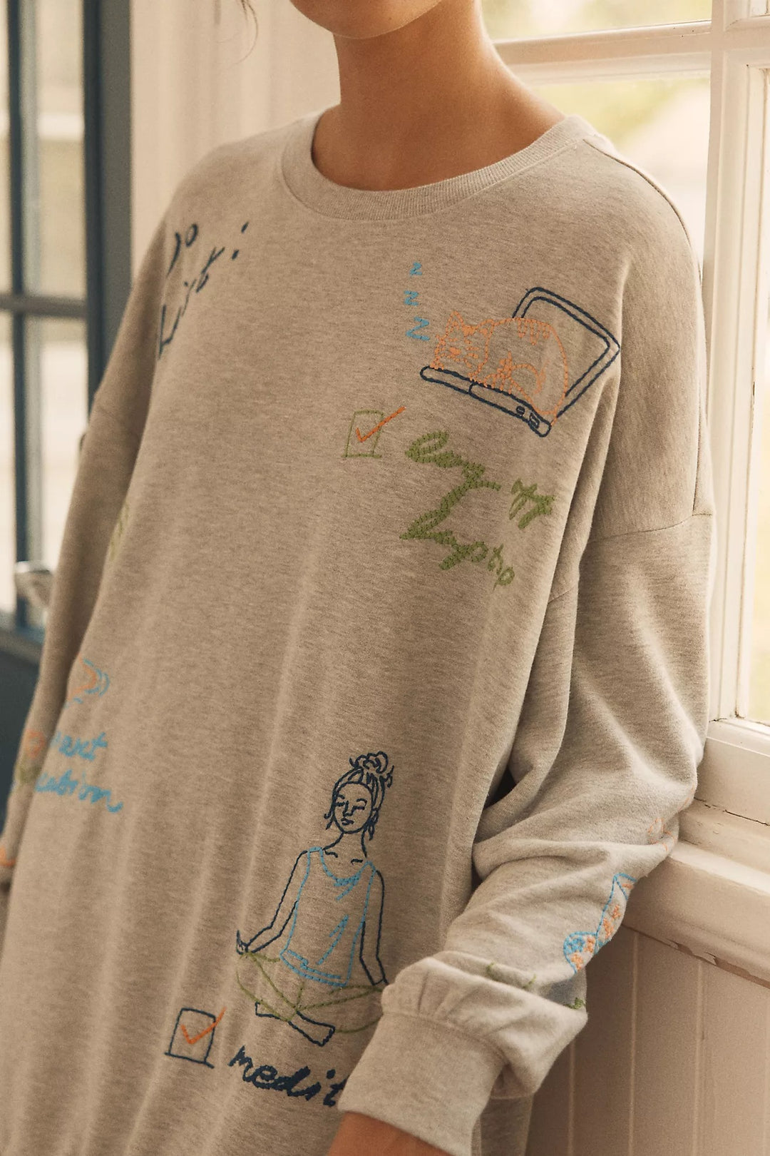 By Anthropologie Embroidered Crew-Neck Sweatshirt Top