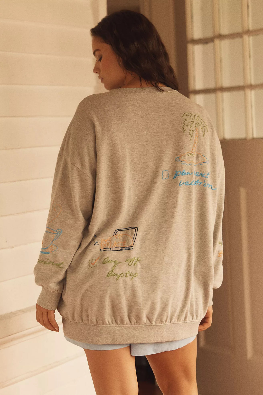 By Anthropologie Embroidered Crew-Neck Sweatshirt Top