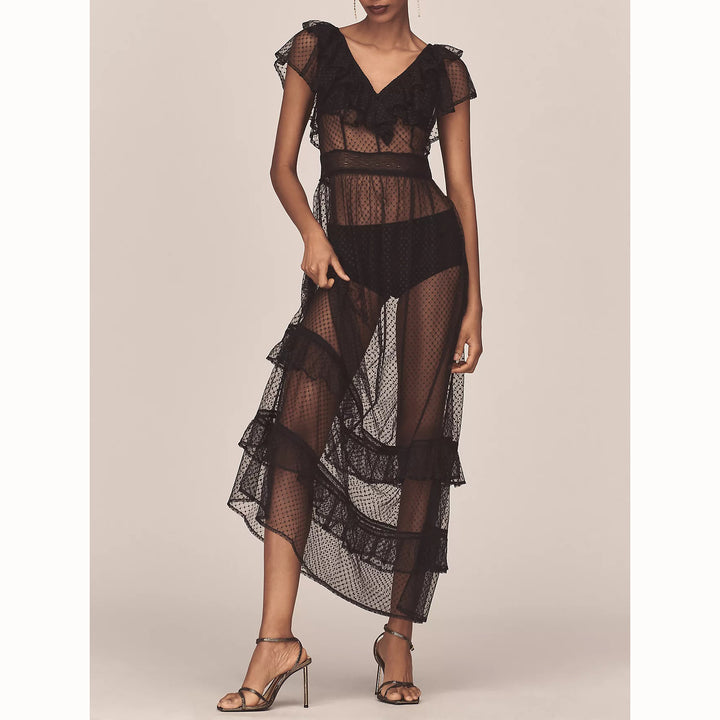 By Anthropologie Ruffle Sheer Mesh Maxi Dress