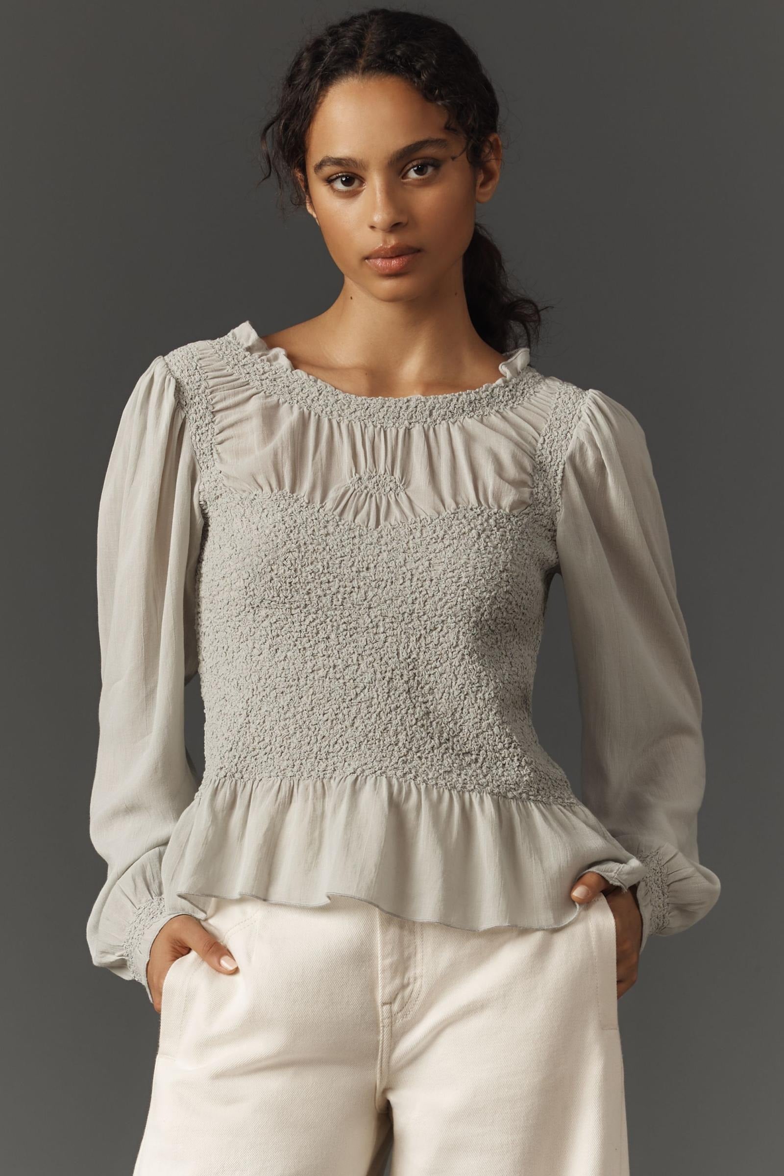 By Anthropologie Balloon-Sleeve Smocked Peplum Blouse Top – White