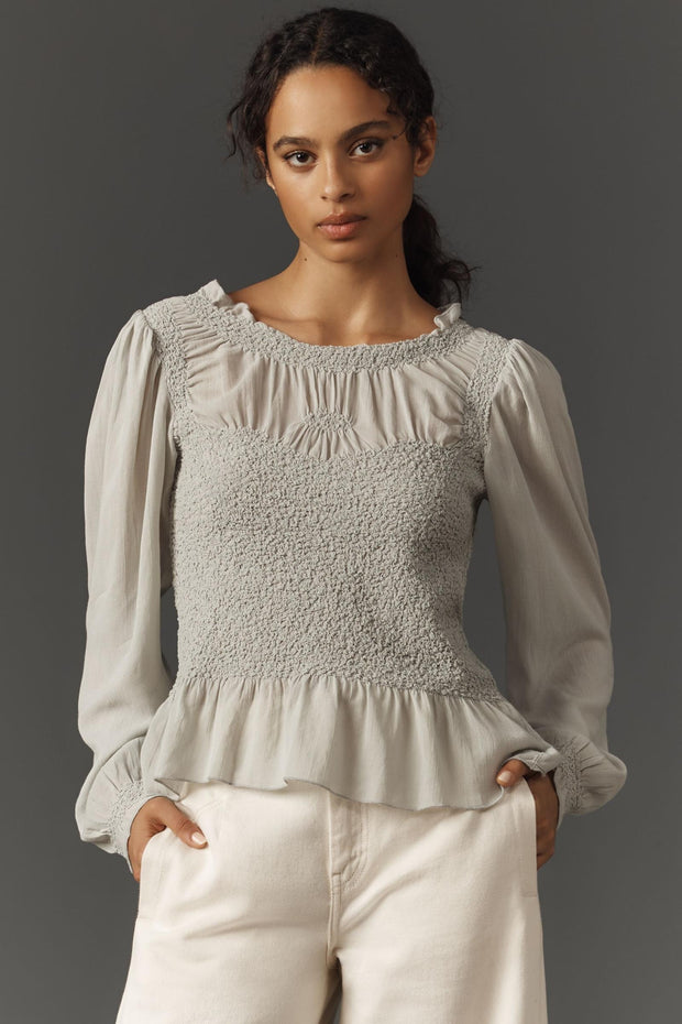 By Anthropologie Balloon-Sleeve Smocked Peplum Blouse Top