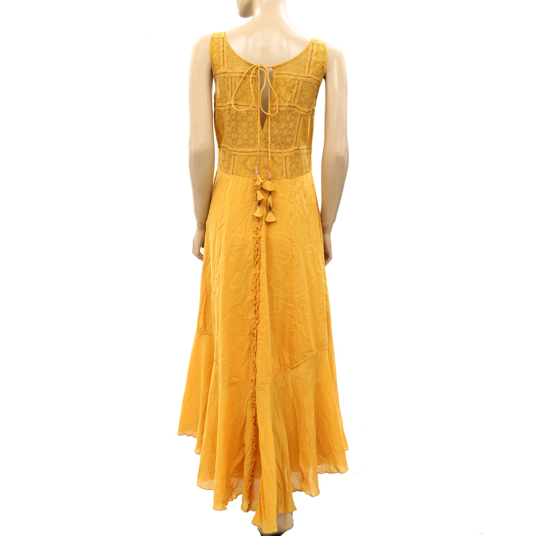 anthropologie gold lace dress Lace Inset Midi Dress