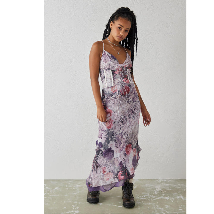 Urban Outfitters Light Before Dark Madelyn Chiffon Corset Midi Dress S