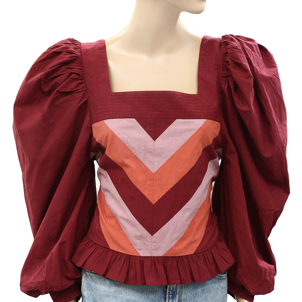 Anthropologie Love The Label Smocked Puff Sleeve Blouse Top