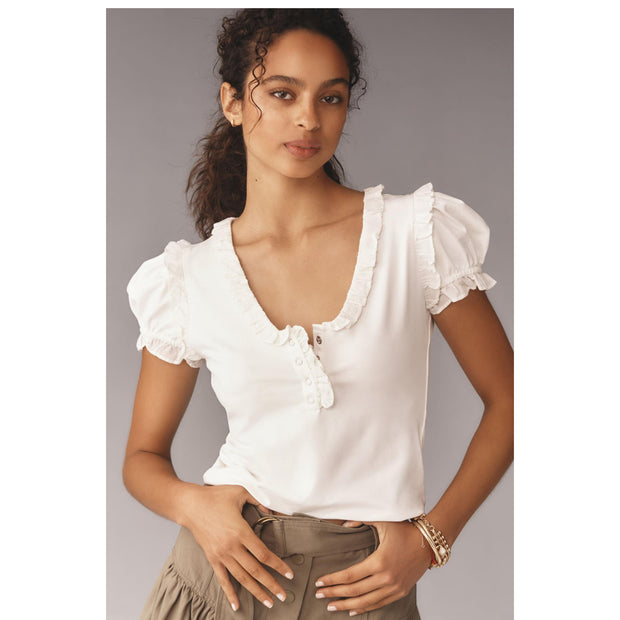 Maeve Anthropologie Puff-Sleeve Ruffle Henley Tee Blouse Top