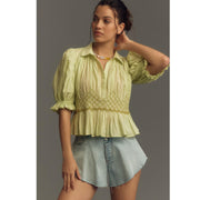 By Anthropologie Short-Sleeve Smocked Blouse Top