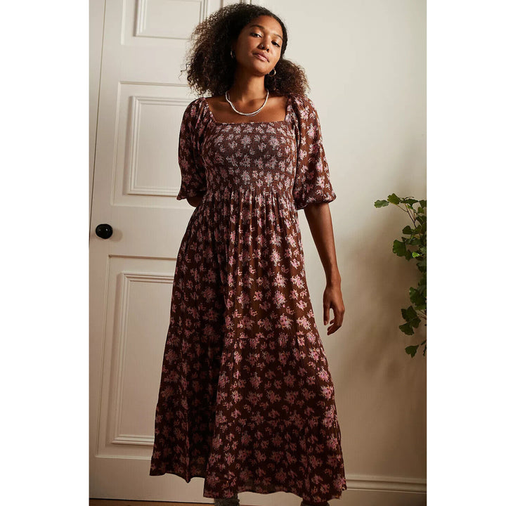 Urban Outfitters UO Lottie Chocolate Floral Tie-Back Midi Dress