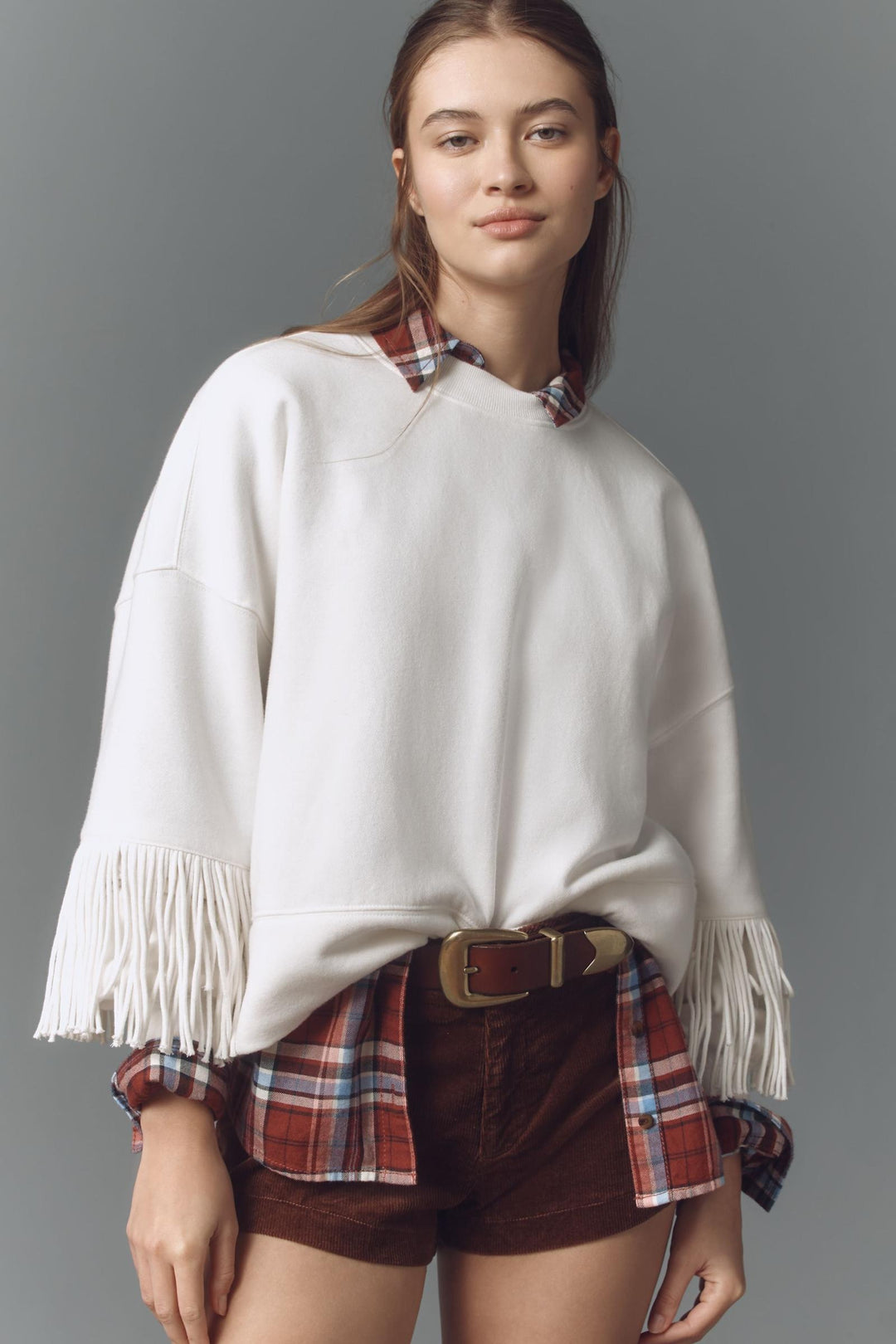 Maeve Anthropologie Fringe-Sleeve Crew Neck Sweatshirt Top