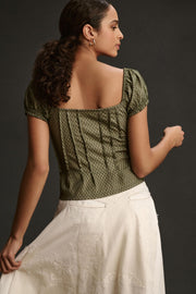 By Anthropologie Puffed Cap-Sleeve Corset Cropped Blouse Top