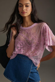 By Anthropologie Short-Sleeve Embroidered Mesh Blouse Top