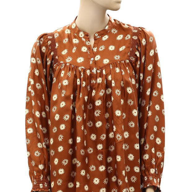 The Great Shepherd Silk Smocked Floral Printed Blouse Shirt Top