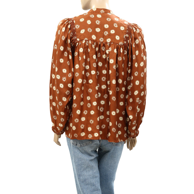 The Great Shepherd Silk Smocked Floral Printed Blouse Shirt Top