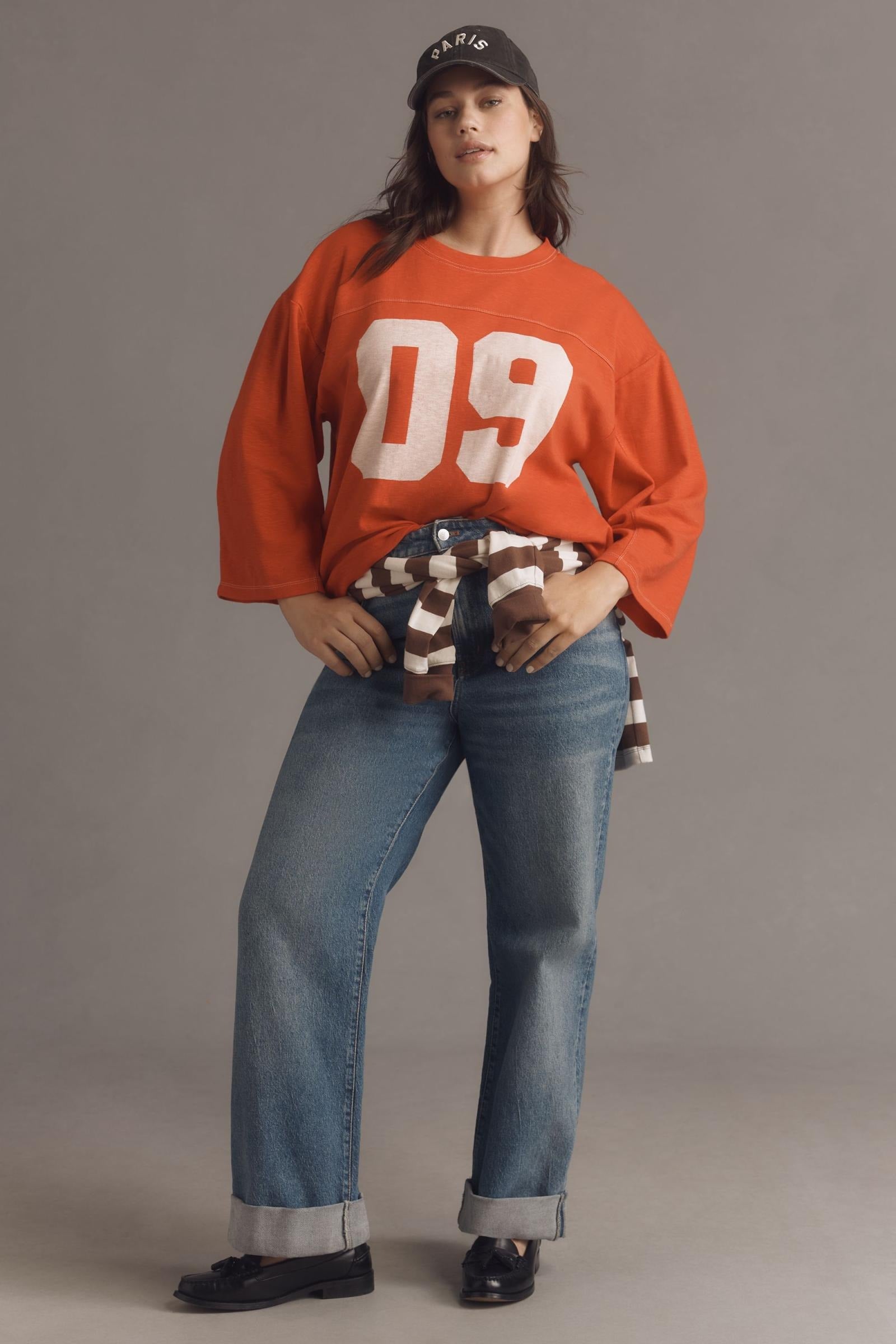 Anthropologie Pilcro 3/4 Sleeve Varsity Tee Tunic Top – White