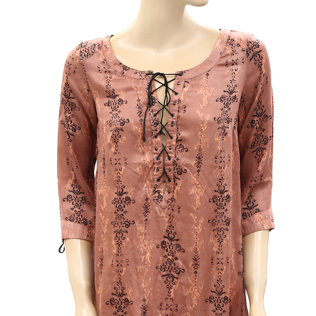 Odd Molly Anthropologie Printed Lace-up Mini Tunic Dress